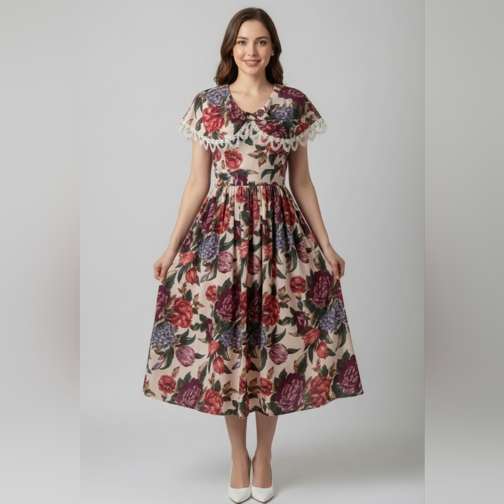Vintage Floral Midi Dress with Lace Accents Sz 5